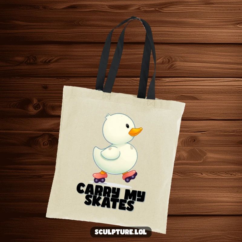 Funny bouncing rubber ducky wearing tiny roller skates on a durable tote bag.