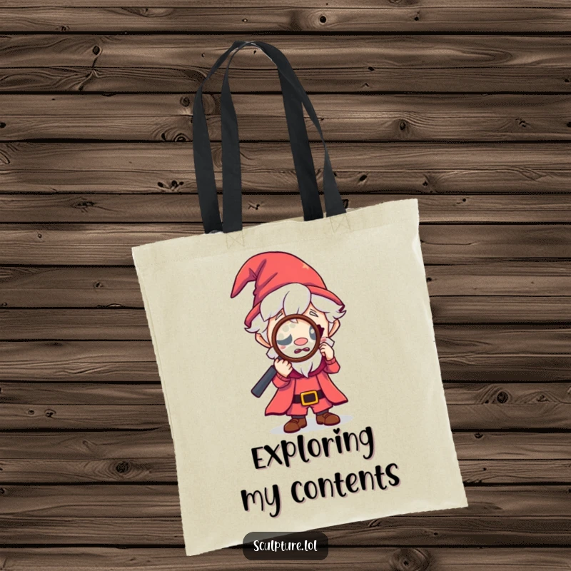 Funny tiny wizard tote bag, curious character looking through magnifying glass, magical exploration accessory, humorous tote bag, great funny gift.