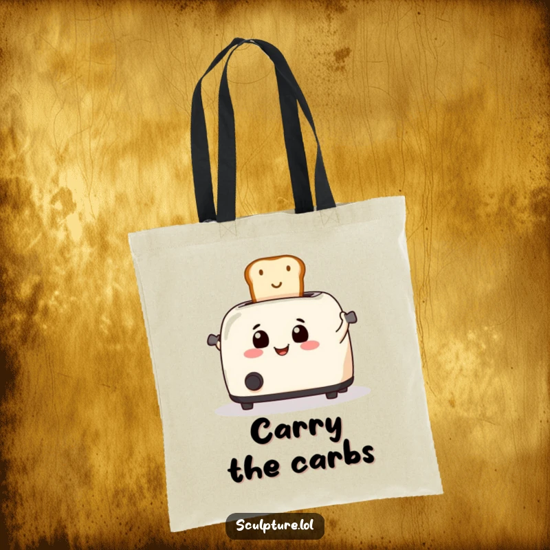 Funny toaster launching toast on a durable tote bag, perfect for grocery trips.