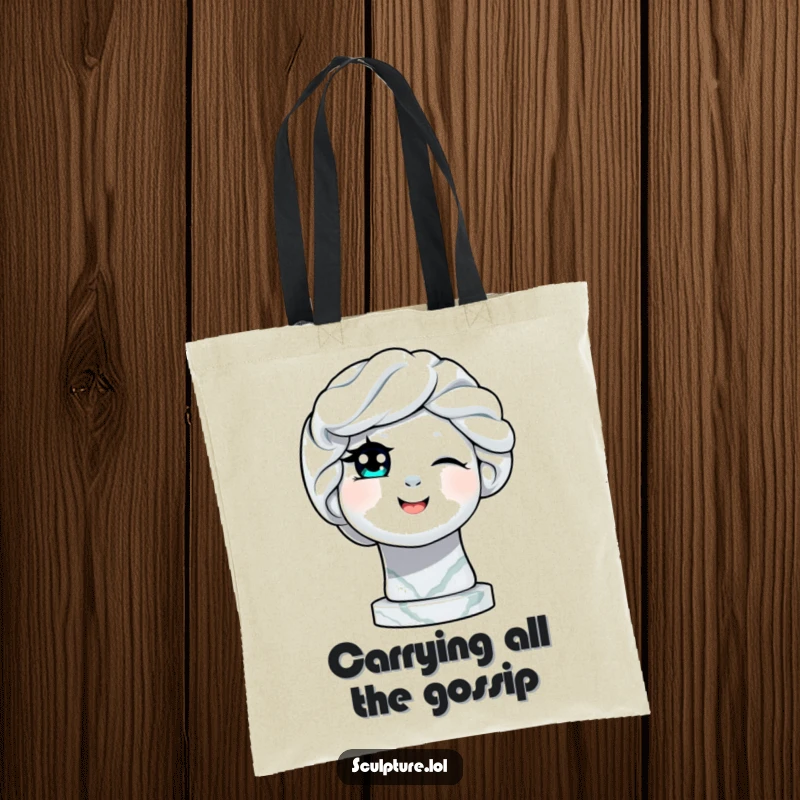 Funny delighted marble statue winking an eye on a tote bag, a stylish and humorous accessory for carrying essentials.
