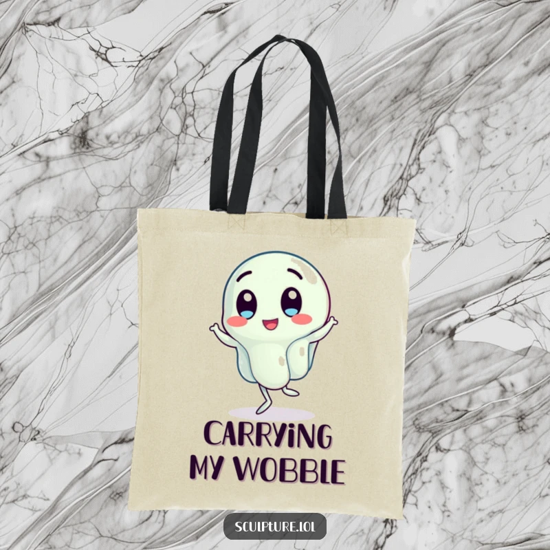 Funny tote bag with a wobbling jelly character energetically doing a jig, perfect for carrying items with a dose of animated humor.