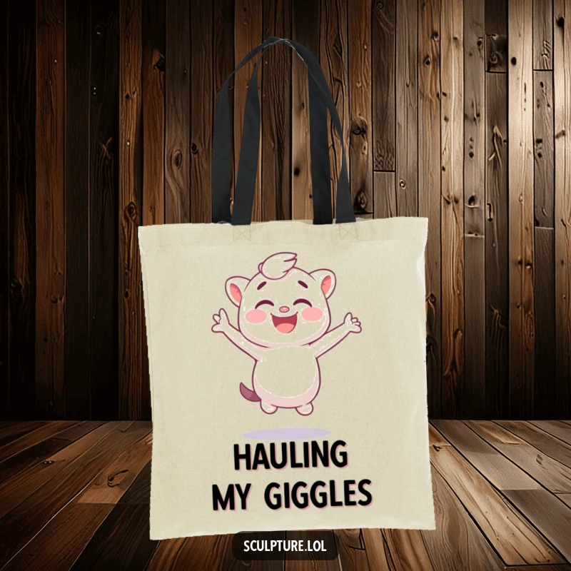 Funny plaster cast tote bag featuring a giggling character jumping sideways, great for stylish, humorous carrying.