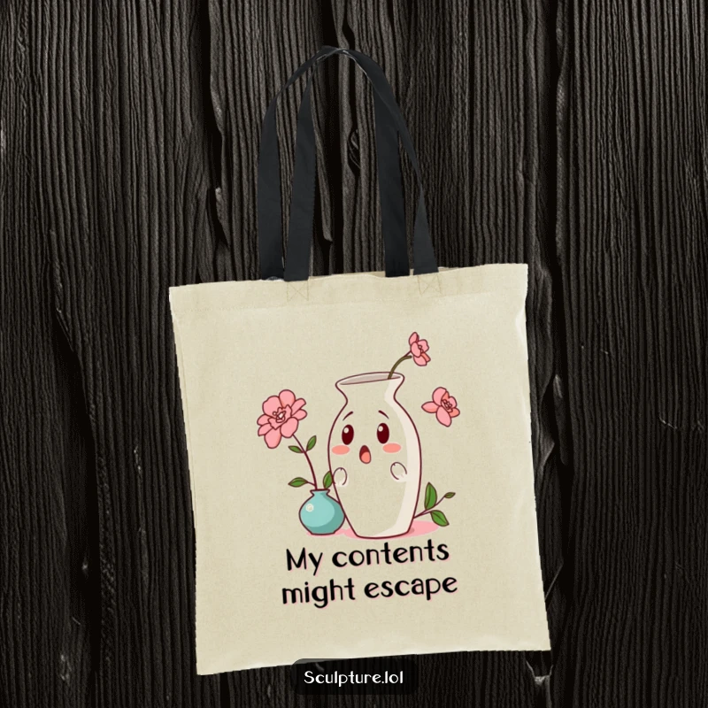 Funny surprised ceramic vase tote bag, illustrating a comical leaning vase, perfect for carrying groceries with a humorous artistic touch.