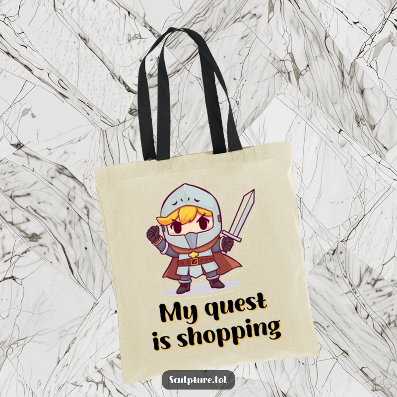 Funny small knight triumphantly holding a tiny sword, ready for errands. A humorous and practical tote bag.