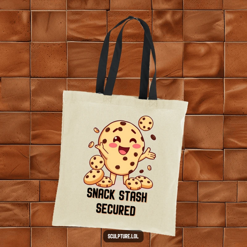 Funny tote bag featuring a delighted chocolate chip cookie character juggling smaller cookies, ideal for carrying essentials with a sweet touch.