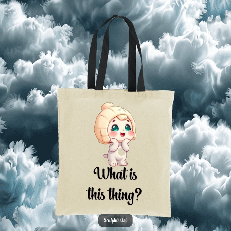 Funny wobbly statue character tote bag, head tilted curiously, perfect for shopping with a humorous and unique vibe.